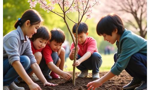 地域の子どもたちとトロンヴァキシルメンドのスタッフが一緒に桜の苗木を植えている、明るく協調的なシーン。