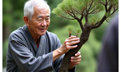 熟練の庭師が若者に伝統的な日本庭園の剪定技術を指導している様子。