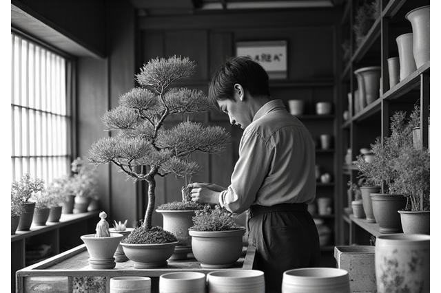 1985年頃の京都市内にある小さな園芸店の白黒写真。店主が盆栽の手入れをしている様子が写っている。