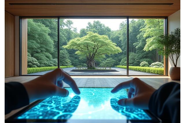 タブレットデバイスで未来の庭園デザインをシミュレーションしている現代的でスマートなオフィスの風景。大きな窓からは手入れの行き届いた日本庭園が見える。