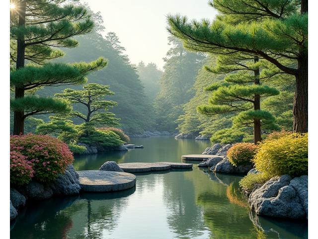 禅庭の中心にある美しい池と飛び石、調和の取れたツツジと松が配置された、静かで瞑想的な日本庭園。