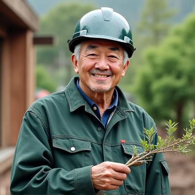 熟練の造園技師、山本健太。作業着姿で道具を片手に笑顔。