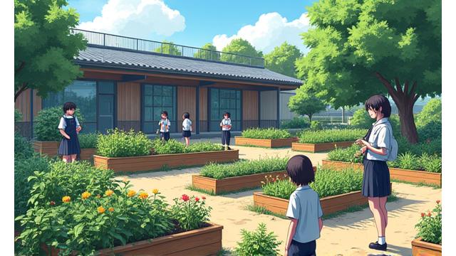 学校の校庭に植えられた生徒たちが手入れをする木々