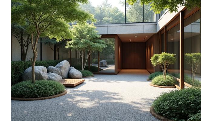 企業本社のエントランスに広がる現代的な庭園