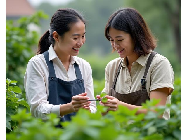 優しい表情のガーデニング専門家が、植物の病気で悩む人にアドバイスしている様子