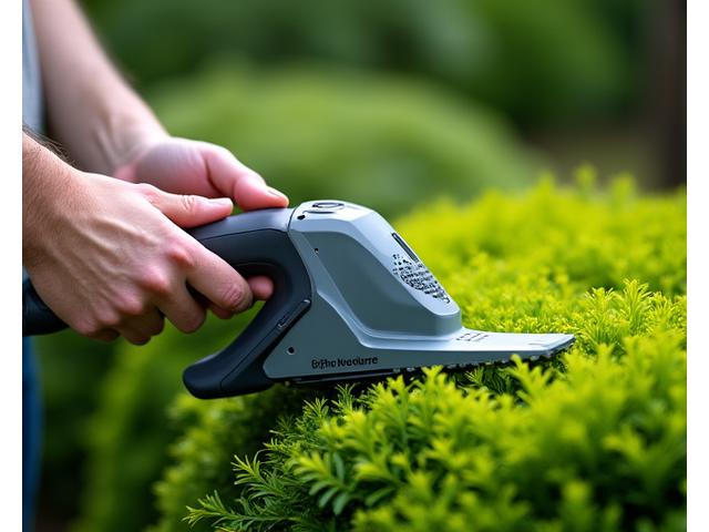 庭木の剪定作業に使用される電動トリマー、緑豊かな葉に囲まれている