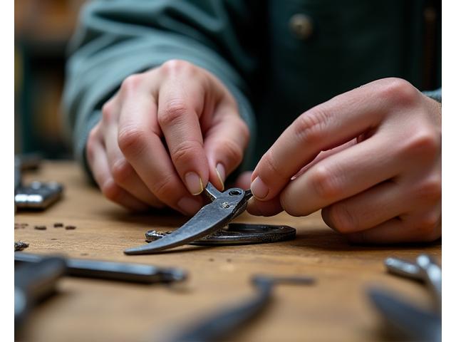 専門の職人が破損した園芸工具を修理している様子、工具の分解と精密作業
