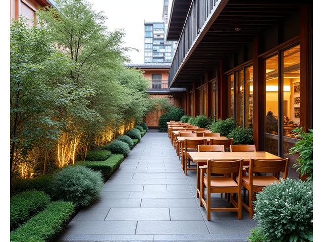 賑わうカフェのテラス席と美しい植栽