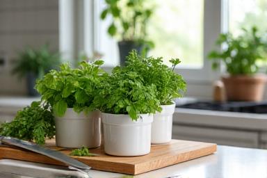 キッチンカウンターに並べられた新鮮なハーブの鉢植え