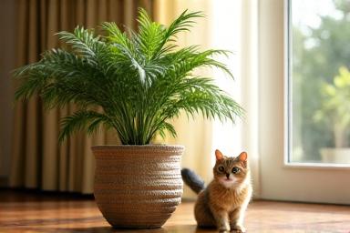 ペットと子供に安全な観葉植物と猫が共存する様子