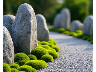 日本庭園における大小様々な石がバランスよく配置された石組みのクローズアップ