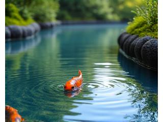 穏やかな水面が美しい池泉庭園の池。鯉がゆったりと泳いでいる様子