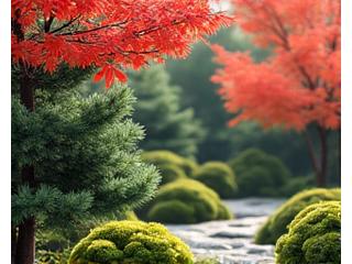 季節感豊かな植栽が施された日本庭園の一角。松、楓、苔が調和している