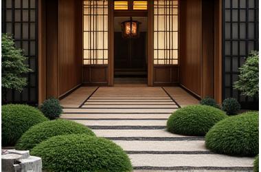 京都の中心部にある高級料亭の中庭。茶庭の要素を取り入れ、顧客を出迎える落ち着いた空間