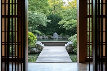 高級ホテルのエントランスに設置された、訪問客を迎え入れる優雅な池泉庭園