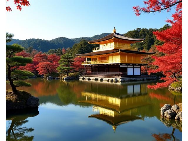 金閣寺の庭園。池に映る金閣が美しく、四季折々の表情を見せる