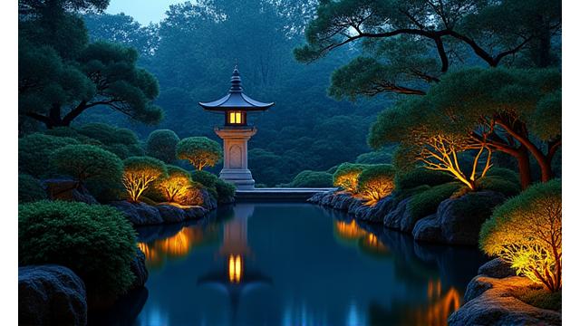 LED照明によって美しくライトアップされた夜の日本庭園。石灯籠の光が水面に映る