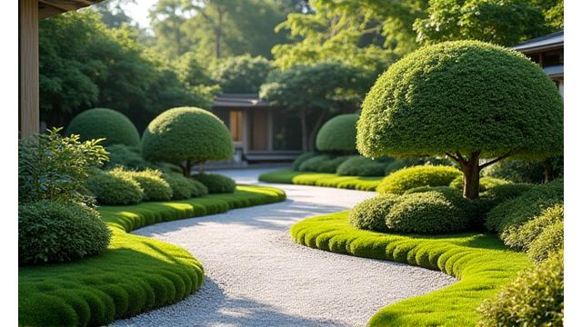 剪定が必要最小限で済むように設計された、手入れの行き届いた日本庭園