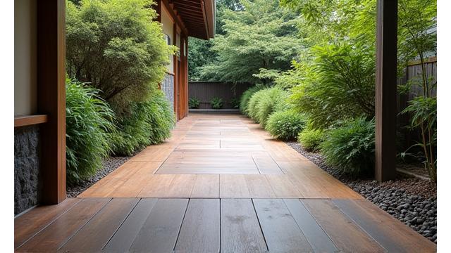 伝統的な日本建築に調和する、耐久性の高い現代素材で作られた縁側。木目調のセラミックタイルなど