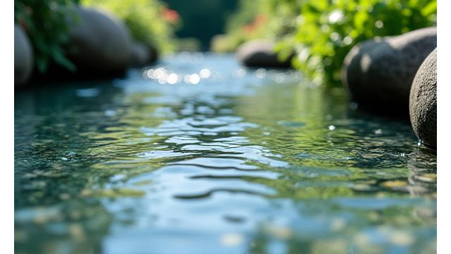 透明で清らかな水が流れる池の自動循環システム。ポンプやろ過装置は見えないように隠されている