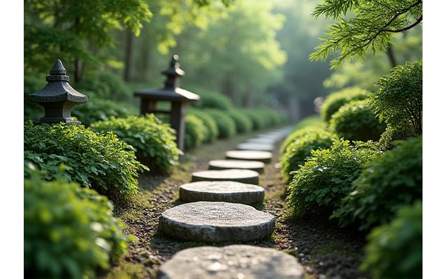 苔むした飛び石と石灯籠がある静かな茶庭(露地)の風景