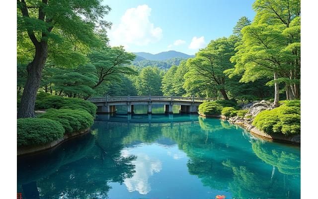 広々とした池泉庭園。池には鯉が泳ぎ、周囲には豊かな緑が茂り、趣のある休憩所がある