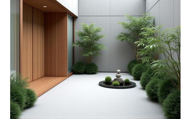現代的な住宅の中庭にある小さな坪庭。白い石と竹、一輪の植物が配置され、ミニマルな美しさがある