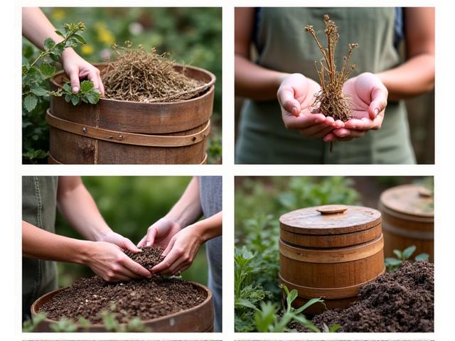 コンポスト、雨水タンク、植物の種取りなど循環型ガーデニングの要素を組み合わせたコラージュ