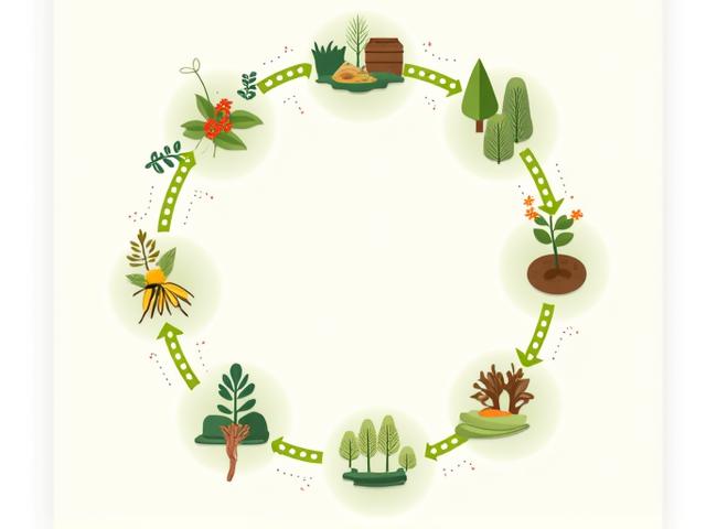 循環型園芸のインフォグラフィック、水滴や植物の成長サイクル、堆肥をイメージした図解
