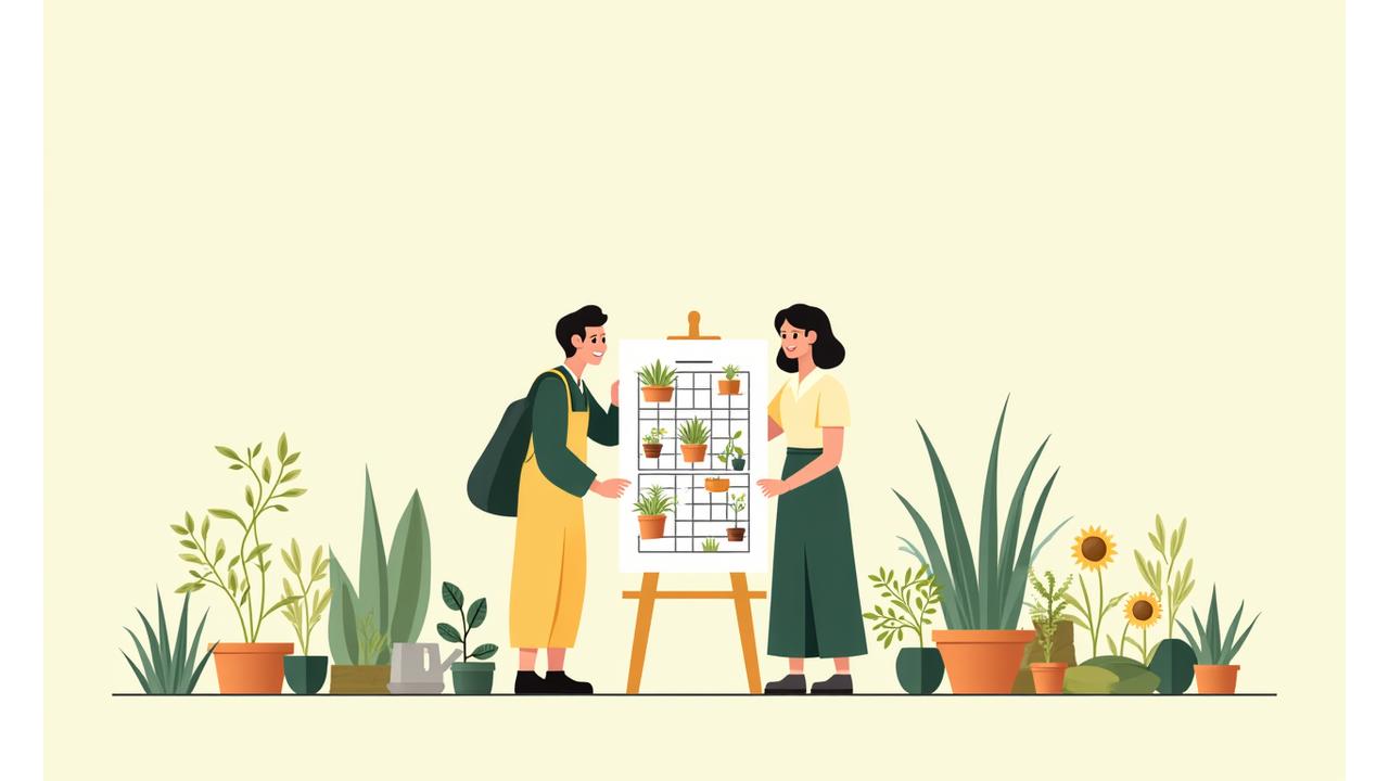 園芸家が顧客に植樹プランを説明しているイラスト