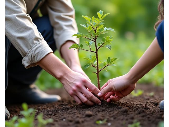 経験豊富な園芸家が庭で植え付け作業を指導している様子