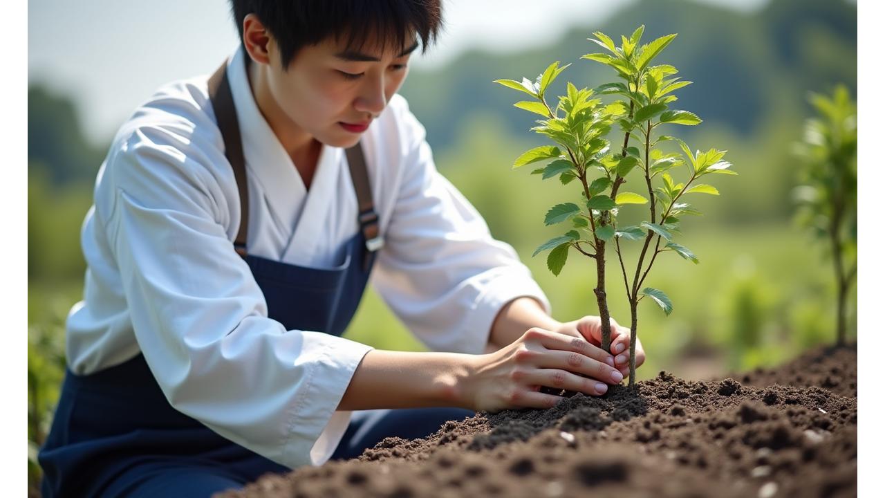樹木医が苗木の健康状態をチェックしている様子
